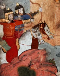 Bueskytterne til den mongolske lederen Tamerlan (1336-1405) (eller Timur Lang, Timur den lamme”””) under slaget ved Ankara (Ancyra eller Ankora) som så 20.07.1402 mongolernes seier over det osmanske hær”” Detalj. Topkapi Sarayi Museum Library Ist