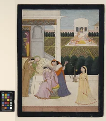 En dame trøster seg, mens de andre spiller Holi, ca. 1790 (ugjennomsiktig akvarell, sølv og gull på papir)