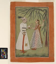 En linjal som trekker en hårlokk av en dame som holder fast i et tre, ca. 1705 (ugjennomsiktig akvarell og gull på papir)