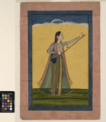 En kvinne stemmer sin tambura, ca. 1740 (ugjennomsiktig akvarell på papir)