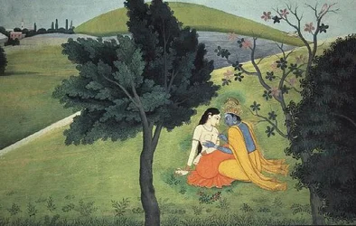 Krishna smykker Radhas bryst, fra serien «Gita Govinda», tilskrevet enten Kushala eller Gaudhu, Kangra, Himachal Pradesh, ca. 1780