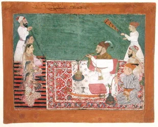 Rajah Deep Chand og venner som røyker vannpipe, Bijapur, ca. 1760 (gouache på papir)