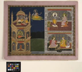 Vishnu nærmer seg et gyldent tårn på Garuda, ca. 1825 (ugjennomsiktig akvarell og gull på papir)