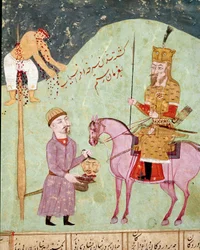 Islamsk kunst: En fiende blir spiddet og halshugget. Persisk miniatyr fra et manuskript av det episke diktet «Shahnameh» (Shah Nama, Shahnama) (Kongenes bok) av Ferdowsi (Firdawsi, eller Ferdawsi, eller Firdousi, ca. 940-rundt 1020). Biblioteca Nazionale