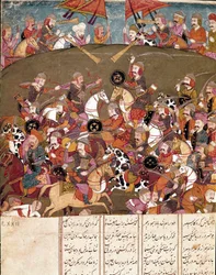 Islamsk kunst: kampscene. Persisk miniatyr fra et manuskript med det episke diktet «Shahnameh» (Shah Nama, Shahnama) (Kongenes bok) av Ferdowsi (Firdawsi, Ferdawsi eller Firdousi, ca. 940 til omkring 1020), Biblioteca Nazionale, Napoli
