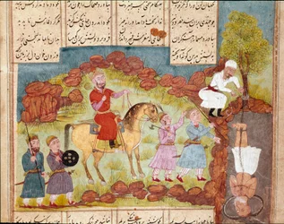 Islamsk kunst: scene for tortur av en fiende, levende begravet ved foten av et tre. Persisk miniatyr fra et manuskript av det episke diktet "Shahnameh"" (Shah Nama, Shahnama) (Kongenes bok) av Ferdowsi (Firdawsi, eller Ferdawsi, eller Firdousi, ca. 940-run