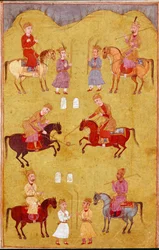 Islamsk kunst: polokampen. Persisk miniatyr fra et manuskript med det episke diktet «Shahnameh» (Shah Nama, Shahnama) (Kongenes bok) av Ferdowsi (Firdawsi, Ferdawsi eller Firdousi, ca. 940 til omkring 1020), Biblioteca Nazionale, Napoli