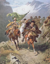Kosakker fra Kaukasus vender tilbake fra et raid på en bosetning av muslimske kosakker med et fanget halvmånebanner (farge litho)