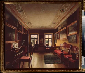 I rommet. (To menn i samtale foran vinduet i et rom med et piano, dekorert med malerier). Maleri av en russisk mester, olje på lerret, ca 1830. Russisk kunst