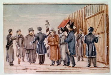 Decembrists drar for å gå til fengselet til Tcheta Decembrists (eller Decabrists) var gjerningsmennene til kuppforsøket i St. Petersburg 14. desember 1825 for å få en moderne grunnlov fra regimet. Akvarell av 1827 Moskva, Pushki