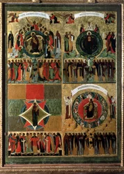 ""In you juices all creation"" (In The Joice) Russisk ikon. Maleri fra 1500-tallet på tre Dormition-katedralen i Kreml, Moskva