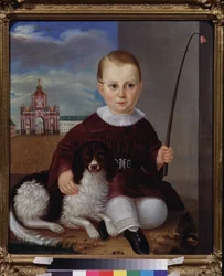 Gutt med en hund foran den røde døren (Moskva). Maleri av en russisk mester, olje på lerret 1840. Russisk kunst fra 1800-tallet. State V. Tropinin Museum, Moskva.
