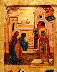 Ikon som viser Joachim og Anna som besøker tempelet i Jerusalem, ca. 1550 (tempera og bladgull på panel) (detalj av 314500)
