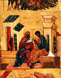 Ikon som viser jomfruen med foreldrene hennes, Joachim og Anna, ca. 1550 (tempera og bladgull på panel) (detalj av 314500)