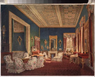 Interiøret i Denezhnikovo herskapshuset. Maleri av en russisk mester, olje på lerret, midten av 1800-tallet. russisk kunst. Museum for historie og kunst, Ramenskoye (Russland).
