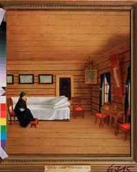 Interiør med en sittende kvinne, andre kvartal av 1800-tallet (olje på lerret)