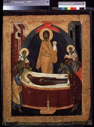 Jomfruens sovesal. Jomfruens død, strukket ut på en seng, omgitt av apostlene, over henne, Kristus bærer bort hennes sjel, lik et barn kledd i hvitt. Maleri av Theophanes den greske (ca. 1340-ca. 1410)