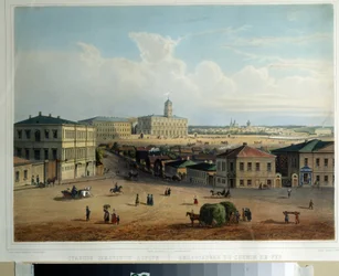 Moskva jernbanestasjon. Maleri av en russisk mester. Olje på lerret, ca 1830-1840. Russisk kunst fra 1800-tallet. A. Pushkin Memorial Museum, St. Petersburg.