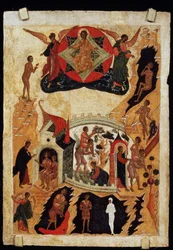 ""Lignelsen om de lamme og blinde"" Russisk ikon. Maleri på tre rundt 1550. Statens russiske museum St. Petersburg