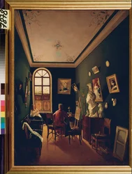 Malerens atelier. Maleri av en russisk mester, olje på lerret