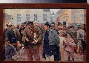 Dyremarkedet på Trubnaya-plassen i Moskva. (Mangelen mellom bur og kjæledyrselgere). Arbeid av en russisk mester, olje på lerret, andre halvdel av 1800-tallet. Statens sentrale litterære museum, Moskva.