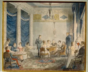 Olenin-familiens stue i Priyutino (Russland). (Salongen til Olenin-familien i Priyutino). Kunstnerisk og litterært møte, i residensen til Alexei (Aleksin) Nikolaevich Olenin (1778-1836), lærd og statsmann, nær St. Petersburg, hvis f.