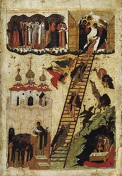 ""The Ladder of Paradise of Saint John Climacus"" (Holy Ladder of Saint John the Sinaiticus) Den representerer munkene som når toppen av stigen og de som faller inn i helvete - russisk ikon fra begynnelsen av det 16. århundre State Russian Museum , hellig 