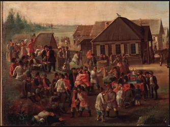 Offentlige festligheter i landsbyen Alexeevskoye. Maleri av en russisk mester, olje på lerret, midten av 1800-tallet. Statens Tretyakov-galleri, Moskva.