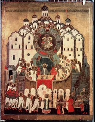 "" Liturgi. Synaxis of the Archangels"" russisk ikon. Maleri på tre fra 1500-tallet. Statens Tretyakov-galleri, Moskva