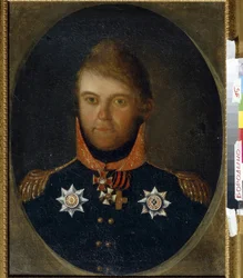 Portrett Dmitry Petrovich Neverovsky (1771-1813). En russisk militæroffiser, han er kledd i sin uniform og sine æresmedaljer inkludert Saint Georges kors (hvitt kors med oransje og svart bånd), medaljen av Saint Vladimirs orden (cross r)