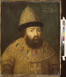 Portrett av tsar Alexis I Mikhailovich av Russland (1629-1676). Maleri av en russisk mester, olje på lerret, slutten av 1600-tallet. Gammel russisk kunst. M. Kroshitsky kunstmuseum, Sevastopol (Ukraina).