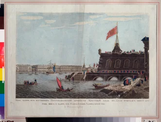Påskeprosesjon foran Peter og Paul-festningen i St. Petersburg. Anonymt verk, akvarell og blekk på papir, tidlig 1800-tall. Russisk kunst, romantikk. Statens sentrale marinemuseum, St. Petersburg.
