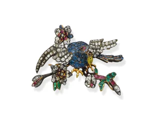 Sjelden ørnebrosje med flere edelstener, ca. 1750 (diamanter, smaragder, rubiner, safirer, sølv og gull)