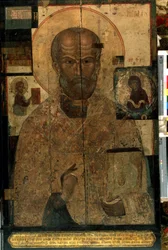 ""representasjon av Saint Nicolas of Myra eller Bari (270-345)"" Russisk ikon. Maleri på tre fra slutten av 1300-tallet. Statens Tretyakov-galleri, Moskva