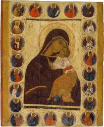 Russisk ikon: Vår Frue av ømhet med utvalgte hellige. Tempera på panel, andre halvdel av 1400-tallet, Museum for historie og kunst, Suzdal