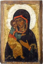 Russisk ikon: Jomfruen av Vladimir. Tempera på panel, første halvdel av 1400-tallet, Museum for historie og kunst, Suzdal