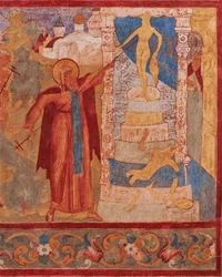 Den hellige Abraham av Rostov (mort i 1074 eller 1077) detruit les iidoles de Veles - Abraham av Rostov ødelegger Veles-statuen. Freske av Johanneskirken Apostelen i Rostov Kreml - Gamle russiske fresker. Kul