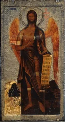 Den hellige døperen Johannes, ørkenens engel (Døperen Johannes, viddens engel). Russisk ikon, eggmaling og tempera på tre, slutten av 1500-tallet. Gammel russisk kunst. Statens Tretyakov-galleri, Moskva