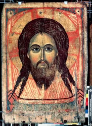 ""Saint Mandylion"" Representasjon av Kristi ansikt trykt på et slør (hellig ansikt). Russisk ikon. Maleri på tre fra slutten av det 14. århundre State Tretyakov Gallery, Moskva