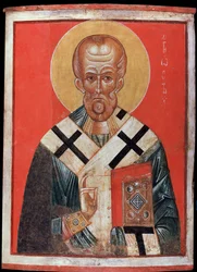 Saint Nicolas (eller Saint Nicolas de Myre eller Saint Nicolas de Bari, 270-345) (Saint Nicholas). Russisk ikon, tempera på tre, slutten av 1200-tallet, tidlig 1300-tall, kunst fra Novgorod (Russland). State Hermitage, St. Petersburg.