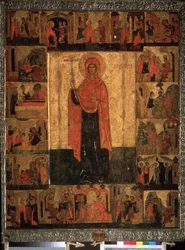""Livet og episodene av Saint Paraskeva Pyatnitsa"" Russisk ikon. Maleri på tre fra 1400-tallet. Statens historiske museum, Moskva