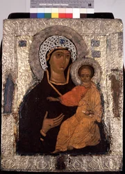 ""Vierge Hodegetria (Hodigitria) "" Icone russe. Peinture sur bois du 14eme siecle. Statens friluftsmuseum for treenigheten Lavra av St. Sergius, Sergyev Possad