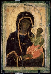 ""Virgin Hodegetria (Hodigitria)"" Russisk ikon. Maling på tre. ca 1360. Statens Tretjakovgalleri, Moskva