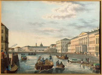 Utsikt over Fontanka-elven i St. Petersburg. Anonymt verk, Litografi, fargelagt i akvarell, ca 1820. Russisk kunst