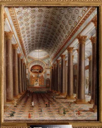 Innvendig utsikt over Kazan-katedralen i St. Petersburg. Maleri av en russisk mester, olje på lerret, tidlig 1800-tall. russisk kunst. Statens Tretyakov-galleri, Moskva.