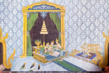Freske som viser en scene fra Buddhas liv, Wat Phra That Doi Suthep-tempelet