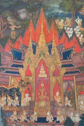Veggmalerier i Buddhaisawan-kapellet som viser Indra som stiger ned fra himmelen like etter kremasjonen av Buddha som snapper den mest verdifulle relikvien, en tann gjemt i brahminens chignon