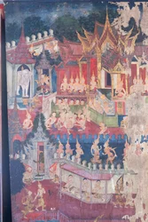 Veggmalerier i Buddhaisawan-kapellet som viser Buddha iført kongelig drakt for å ydmyke og overbevise den stolte, men villfarne keiser Jambupati om at veien til opplysning er å foretrekke fremfor ren materiell rikdom, Wang Na-palasset