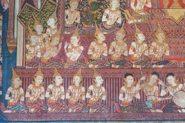 Veggmalerier i Buddhaisawan-kapellet som skildrer feiringen av det kongelige bryllupet til bodhisattvaens foreldre, kong Suddhodana av Sakya-klanen og prinsesse Mahamaya
