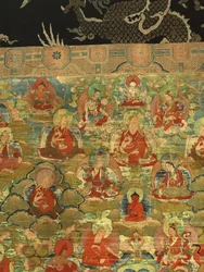 Detalj av tredje Panchen Lama Losan Penden Yeshe (gouache på tøy)